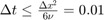 $\Delta t \leq \frac{\Delta x^2}{6 \nu} = 0.01$